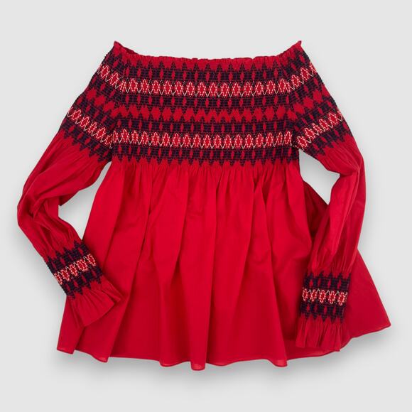 Maje Tops - Maje Off-Shoulder Smocked Blouse Red Blue Embroidered Size Medium